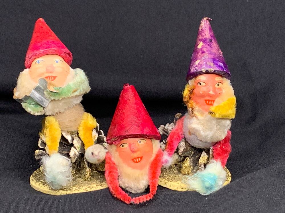 Vintage Japan Pinecone Elf Gnome Putz Christmas Figures Chenille Lot of 3